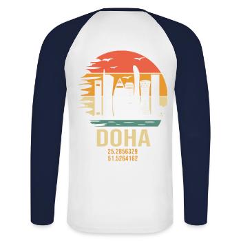 Qatar Doha Doha Qatar - Unisex Long Sleeve Baseball T-Shirt - white/navy - Back - Nik (191cm)