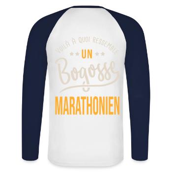 running bogosse marathonien cadeau marathon - T-shirt baseball manches longues Homme - blanc/marine - Dos - Nik (191cm)