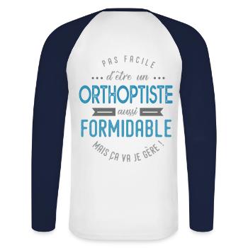 orthoptiste formidable - T-shirt baseball manches longues Homme - blanc/marine - Dos - Nik (191cm)