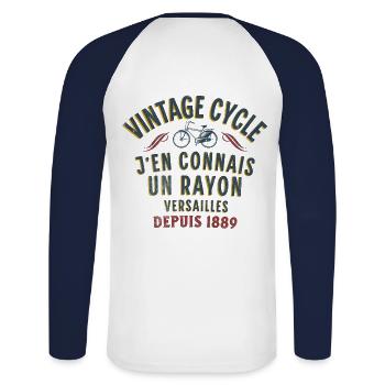 Vintage-Zyklus j weiß viel darüber - Unisex Baseballshirt langarm - Weiß/Navy - Hinten - Nik (191cm)