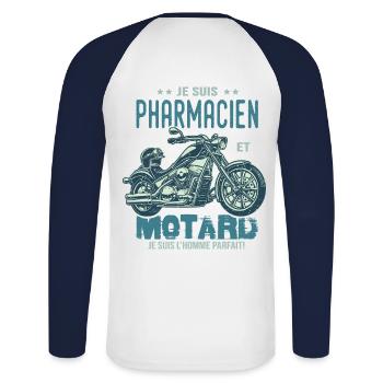 motard le meilleur pharmacien le meilleur - T-shirt baseball manches longues Homme - blanc/marine - Dos - Nik (191cm)
