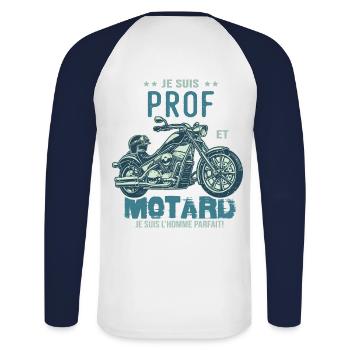 motard le meilleur prof le meilleur professeur - T-shirt baseball manches longues Homme - blanc/marine - Dos - Nik (191cm)