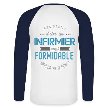 infirmier formidable - T-shirt baseball manches longues Homme - blanc/marine - Dos - Nik (191cm)