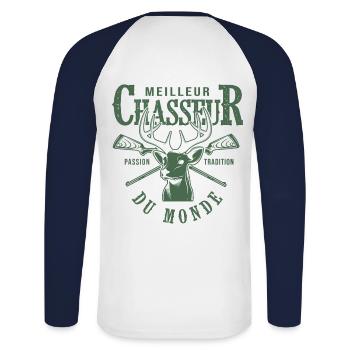 meilleur chasseur du monde cadeau papa papy chasse - T-shirt baseball manches longues Homme - blanc/marine - Dos - Nik (191cm)