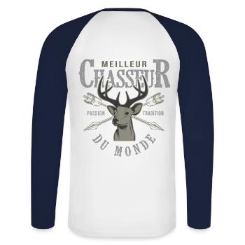 meilleur chasseur du monde cadeau papa chasse - T-shirt baseball manches longues Homme - blanc/marine - Dos - Nik (191cm)