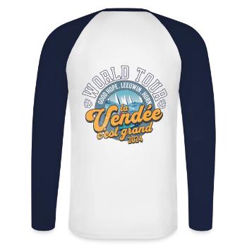 Welttournee Regatta 2024 zurück - Unisex Baseballshirt langarm - Weiß/Navy - Hinten - Nik (191cm)