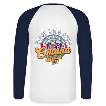 250-jähriges Jubiläum von Omaha Beach zurück - Unisex Baseballshirt langarm - Weiß/Navy - Hinten - Nik (191cm)