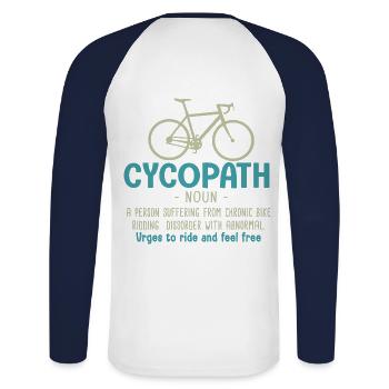 Cycopath Geschenk Radfahrer Fahrrad Fahrrad - Unisex Baseballshirt langarm - Weiß/Navy - Hinten - Nik (191cm)