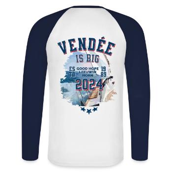 In 2024 Vendée is big - Unisex Long Sleeve Baseball T-Shirt - white/navy - Back - Nik (191cm)
