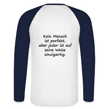 Kein Mensch ist perfekt - Unisex Baseballshirt langarm - Weiß/Navy - Hinten - Nik (191cm)