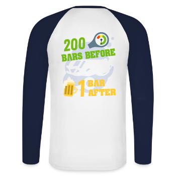 200 bar vorher 1 bar nach; Das ist Tauchen - Unisex Baseballshirt langarm - Weiß/Navy - Hinten - Nik (191cm)