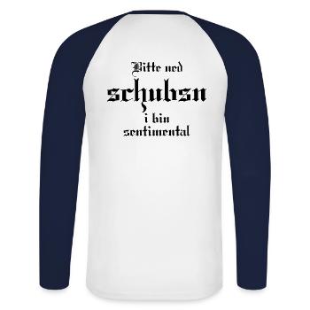 Schubs mi ned - Unisex Baseballshirt langarm - Weiß/Navy - Hinten - Nik (191cm)
