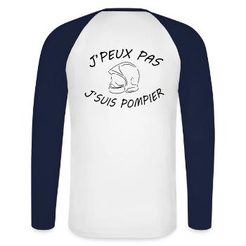 j peux pas j suis pompier - T-shirt baseball manches longues Homme - blanc/marine - Dos - Nik (191cm)