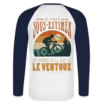 vélo homme asension ventoux humour cycliste velo - T-shirt baseball manches longues Homme - blanc/marine - Dos - Nik (191cm)