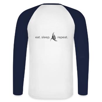 Manger. Dormir. [Manta]. Répéter. - T-shirt baseball manches longues Homme - blanc/marine - Dos - Nik (191cm)