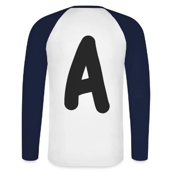 Buchstabe A - Unisex Baseballshirt langarm - Weiß/Navy - Hinten - Nik (191cm)