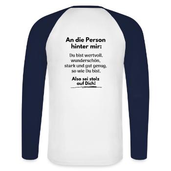 Du bist gut genug! - Unisex Baseballshirt langarm - Weiß/Navy - Hinten - Nik (191cm)