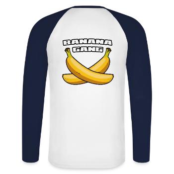 Banana Gang Motiv - Bananen Clique - Unisex Baseballshirt langarm - Weiß/Navy - Hinten - Nik (191cm)