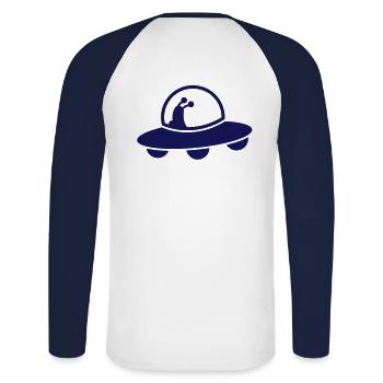 alien spacecraft flying UFO with cute Aliens - Unisex Long Sleeve Baseball T-Shirt - white/navy - Back - Nik (191cm)