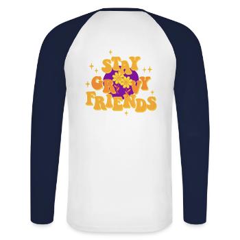 Stay Groovy Blumen Disco Funky - Unisex Baseballshirt langarm - Weiß/Navy - Hinten - Nik (191cm)