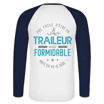 traileur formidable course à pien run running - T-shirt baseball manches longues Homme - blanc/marine - Dos - Nik (191cm)