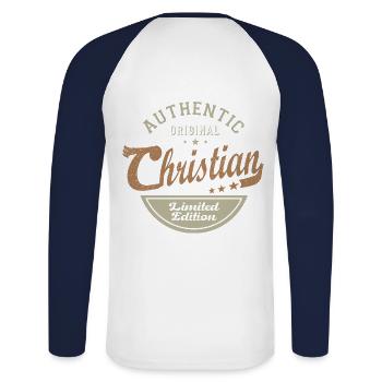 Christian cadeau personnalisé prénom christian - T-shirt baseball manches longues Homme - blanc/marine - Dos - Nik (191cm)