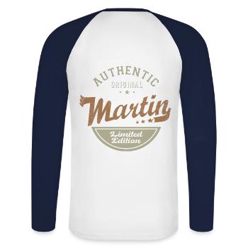 Martin gift Tshirt personalized name martin - Unisex Long Sleeve Baseball T-Shirt - white/navy - Back - Nik (191cm)