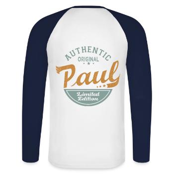 Paul name Gift Personalized Tshirt Paul - Unisex Long Sleeve Baseball T-Shirt - white/navy - Back - Nik (191cm)
