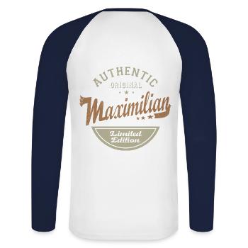 Maximilian Tshirt personalisierter Name maximilian - Unisex Baseballshirt langarm - Weiß/Navy - Hinten - Nik (191cm)