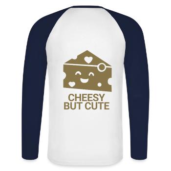 Cheesy but cute - Unisex Baseballshirt langarm - Weiß/Navy - Hinten - Nik (191cm)
