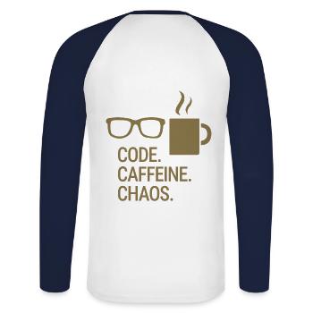 Code. Caffeine. Chaos. - Unisex Long Sleeve Baseball T-Shirt - white/navy - Back - Nik (191cm)