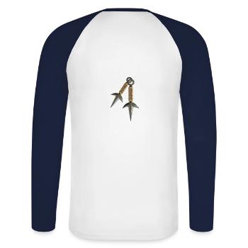 Manga Kunai leuchtet gelb - Unisex Baseballshirt langarm - Weiß/Navy - Hinten - Nik (191cm)