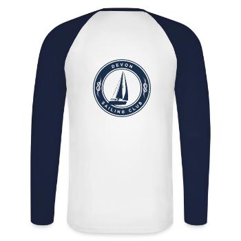 Devon Segeln - Unisex Baseballshirt langarm - Weiß/Navy - Hinten - Nik (191cm)