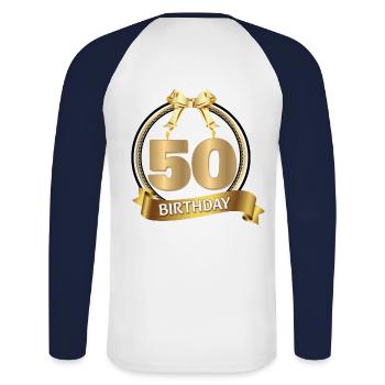 50th Birthday - Unisex Long Sleeve Baseball T-Shirt - white/navy - Back - Nik (191cm)