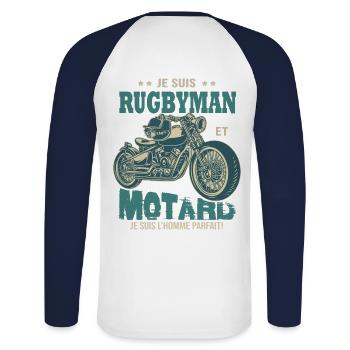 rugby motard parfait rugbyman parfait - T-shirt baseball manches longues Homme - blanc/marine - Dos - Nik (191cm)