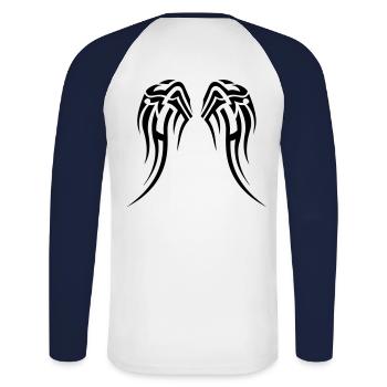 Eigene Farbwahl, Tribal Tattoo Flügel - Unisex Baseballshirt langarm - Weiß/Navy - Hinten - Nik (191cm)
