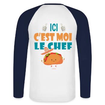 ici c est moi le chef cadeau tacos taco mexique - T-shirt baseball manches longues Homme - blanc/marine - Dos - Nik (191cm)