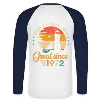 51 years old boat great since 1972 anniversary - Unisex Long Sleeve Baseball T-Shirt - white/navy - Back - Nik (191cm)