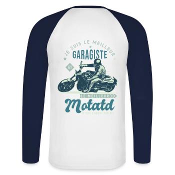 Motard le meilleur garagiste cadeau cool - T-shirt baseball manches longues Homme - blanc/marine - Dos - Nik (191cm)