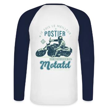 Motard le meilleur postier cadeau cool facteur - T-shirt baseball manches longues Homme - blanc/marine - Dos - Nik (191cm)