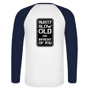 Rusty Slow but Infront - Unisex Long Sleeve Baseball T-Shirt - white/navy - Back - Nik (191cm)