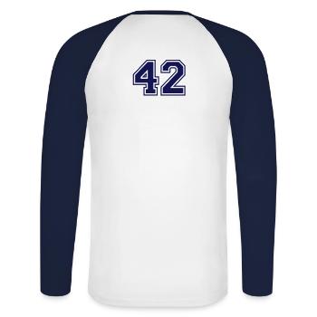 42 - Unisex Baseballshirt langarm - Weiß/Navy - Hinten - Nik (191cm)