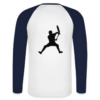 Front bri 1 - Unisex Baseballshirt langarm - Weiß/Navy - Hinten - Nik (191cm)