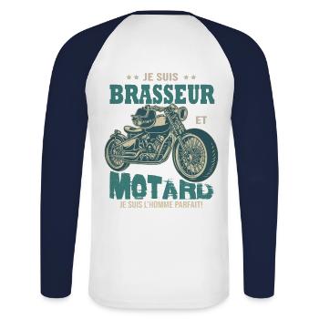 motard parfait brasseur parfait bière - T-shirt baseball manches longues Homme - blanc/marine - Dos - Nik (191cm)