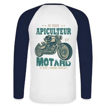 motard parfait apiculteur parfait abeille - T-shirt baseball manches longues Homme - blanc/marine - Dos - Nik (191cm)