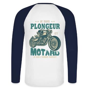 motard parfait plongeur parfait - T-shirt baseball manches longues Homme - blanc/marine - Dos - Nik (191cm)