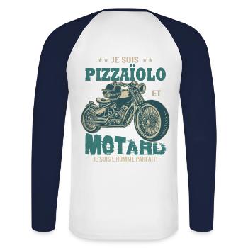 motard parfait pizzaïolo parfait - T-shirt baseball manches longues Homme - blanc/marine - Dos - Nik (191cm)