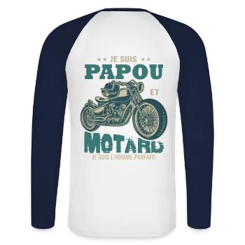 motard parfait papou parfait papa grand-père - T-shirt baseball manches longues Homme - blanc/marine - Dos - Nik (191cm)