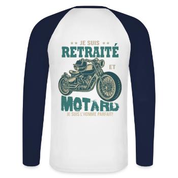 motard parfait retraité parfait retraite - T-shirt baseball manches longues Homme - blanc/marine - Dos - Nik (191cm)