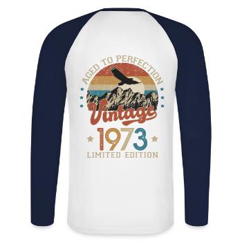 1973 Humor Birthday 50 Years Age Perfection - Unisex Long Sleeve Baseball T-Shirt - white/navy - Back - Nik (191cm)